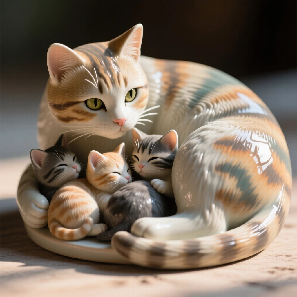 A mother cat nursing kittens curled protectively around its young, dappled in shifting patches of sunlight, filling the scene with playful, heartwarming charm.