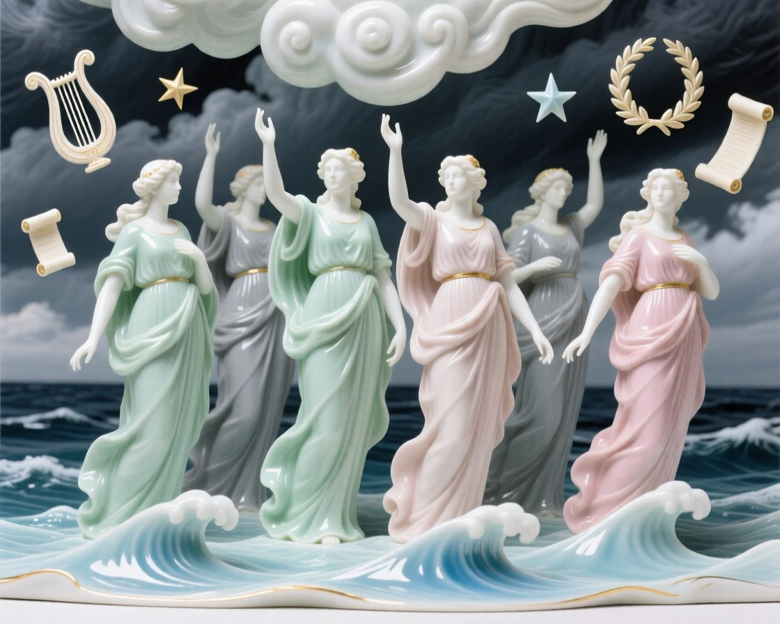 A mythological moment: the Greek muses commanding a storm over the ocean, surrounded by symbols of divine power.