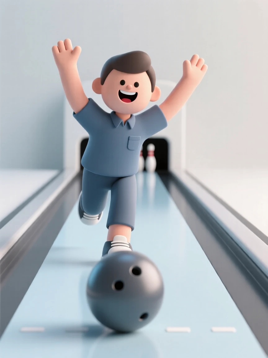 A joyful bowler releases a ball down a gleaming lane, arms raised in anticipation of a strike.