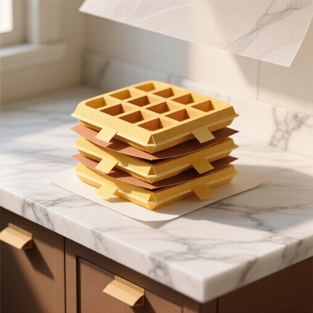 A stack of golden waffles displayed on an elegant marble counter, with soft natural light highlighting rich colors, capturing the artistry of fine cuisine.