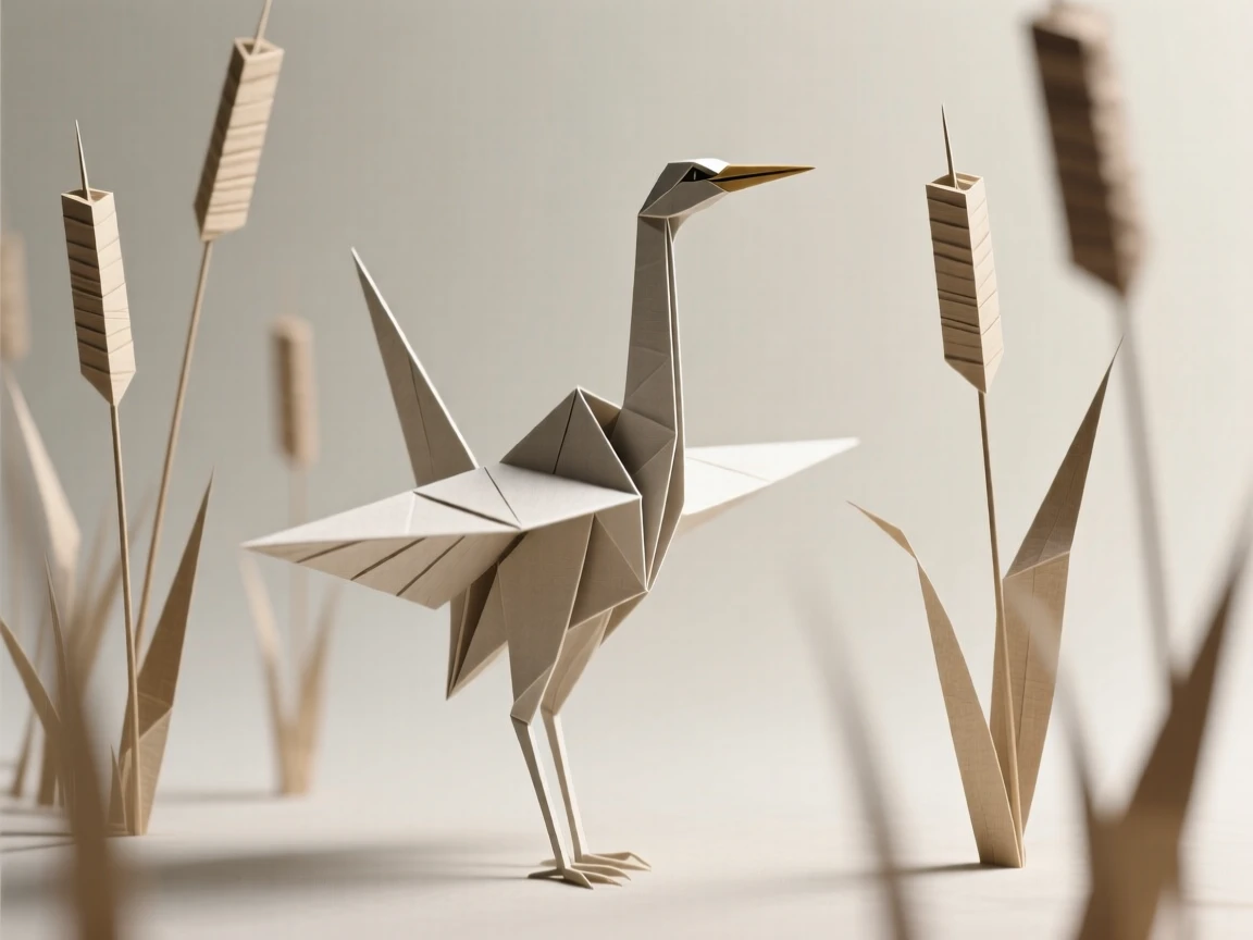 A decorative crane standing gracefully among reeds in a minimalist composition.