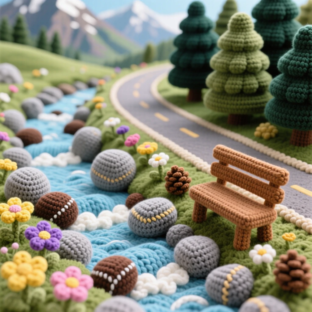 a quiet mountain stream crossing a rocky path, tumbling gently downhill, surrounded by wildflowers and pine beside a gently winding countryside road; a single wooden bench resting nearby completes the scene, full of gentle awe at nature's quiet grandeur.