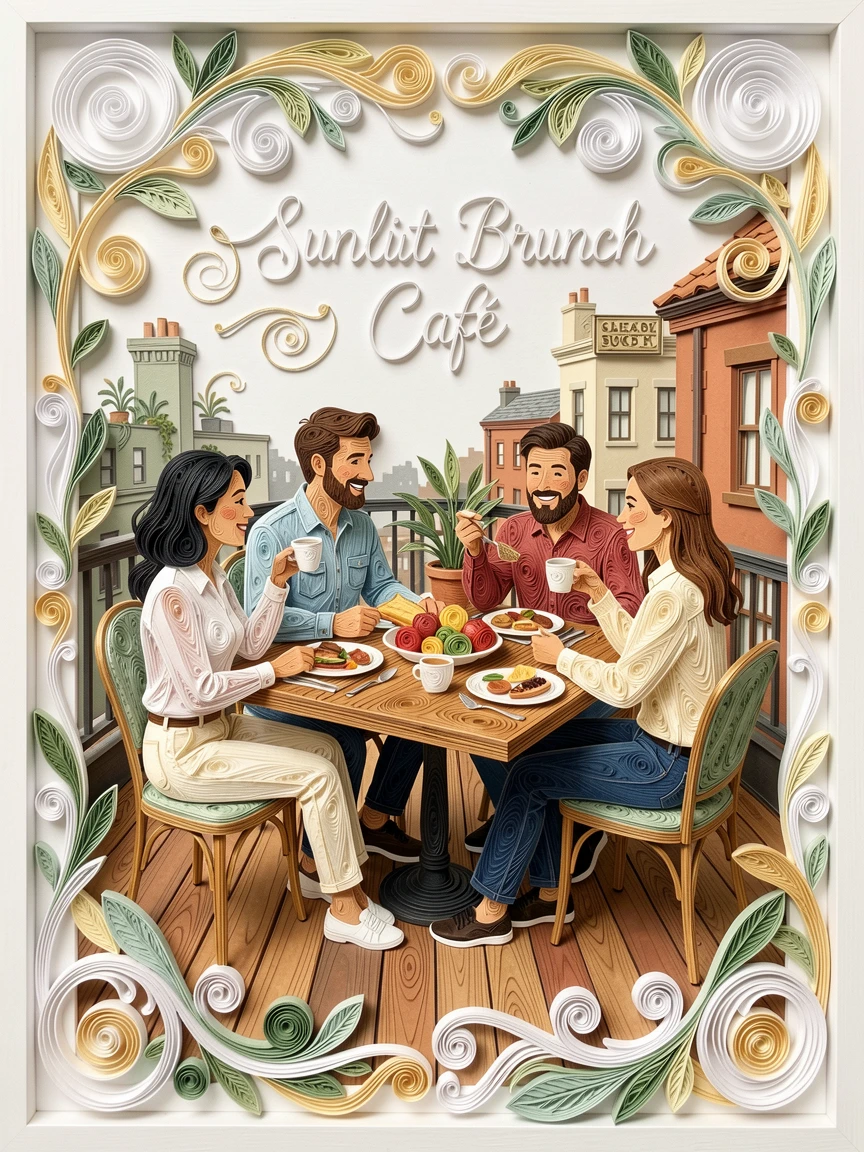 a group of friends enjoying a rooftop brunch, in a cozy neighborhood café, framed with a vibrant, energetic sense of movement, in a fresh palette of white, sage green, and warm wood tones.