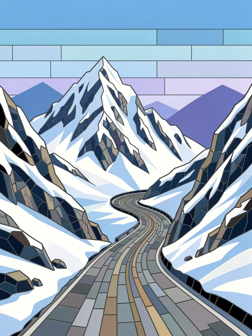 A majestic snowy mountain pass with a winding empty road.
