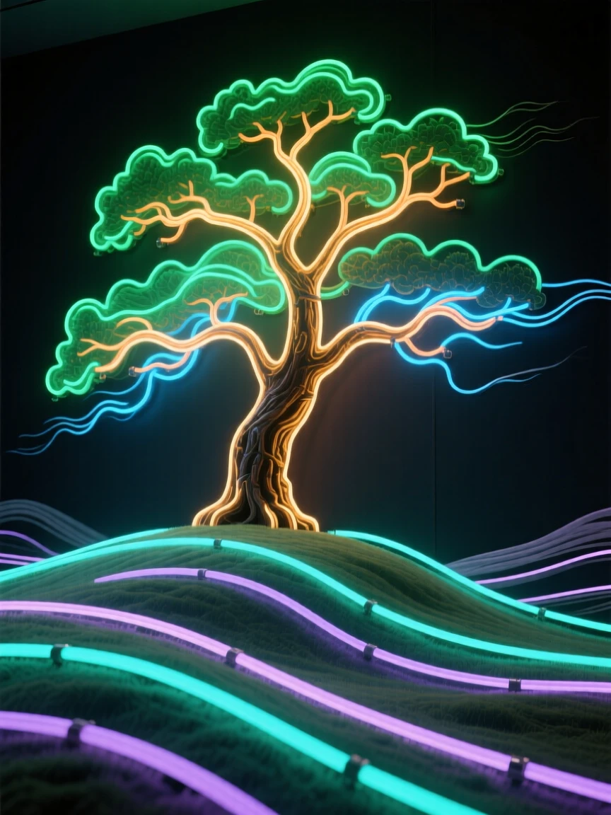 A sweeping wide view of a single ancient tree standing alone on a windswept hill.