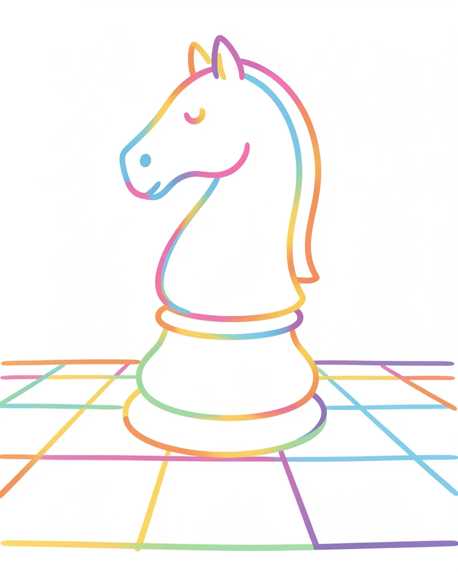 A close-up of a knight's chess piece standing tall on a checkered board.