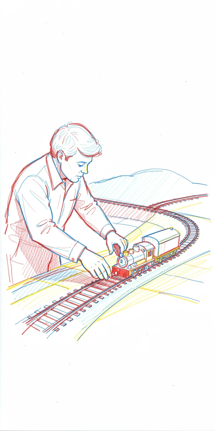 A model train enthusiast adjusting tracks in an elaborate miniature landscape