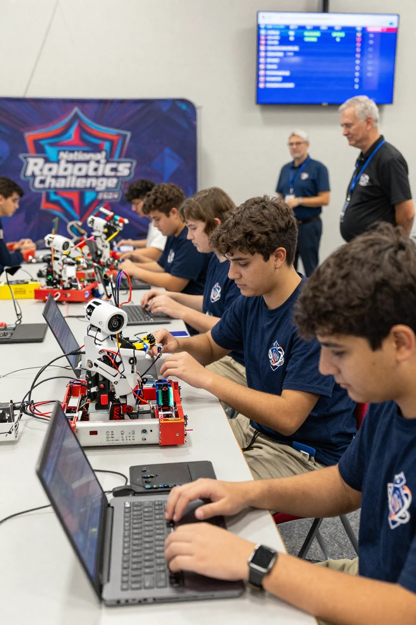 A robotics competition with students programming machines