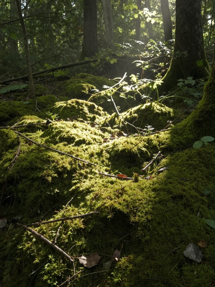 A moss-covered forest floor glows green beneath filtered morning light.