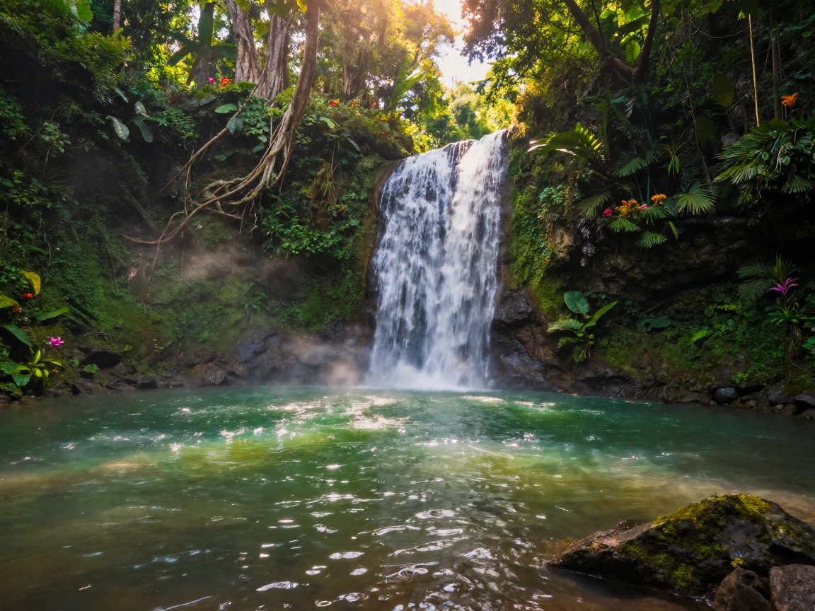 A hidden waterfall cascading into a clear emerald pool deep within a jungle