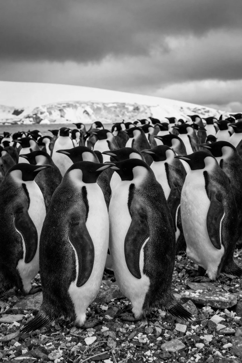 A penguin colony huddles together against the cold on a rocky Antarctic shoreline.