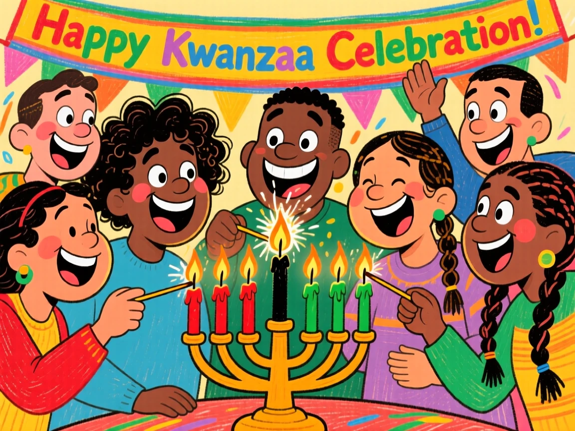 A group celebrating Kwanzaa, lighting the kinara candles one by one.