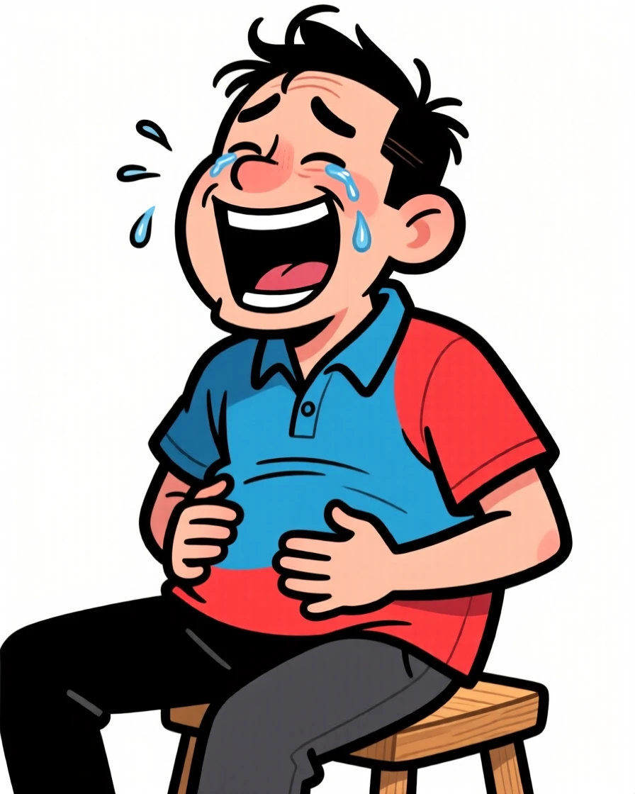 A funny expressive moment showing a man laughing uncontrollably at their own joke, with a look of pure comic disbelief.
