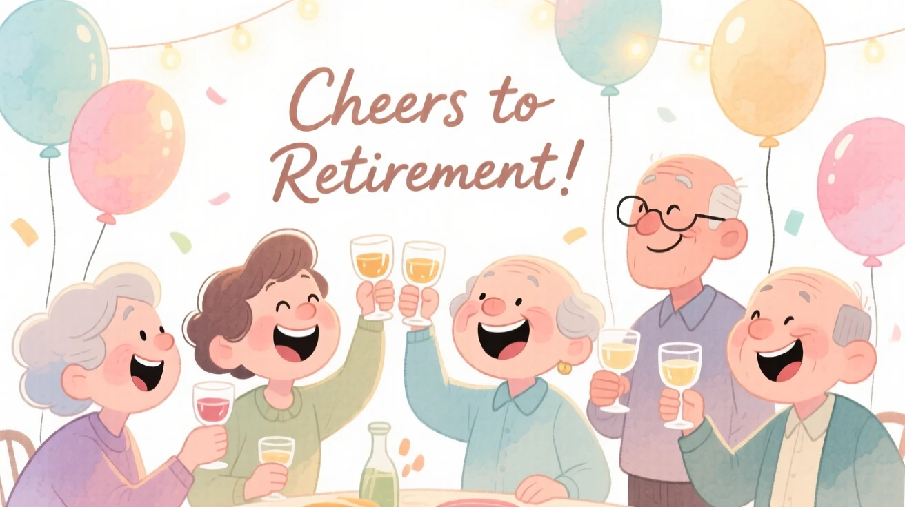A joyful celebration scene of a retirement party with balloons and a celebratory toast, glowing with soft festive light