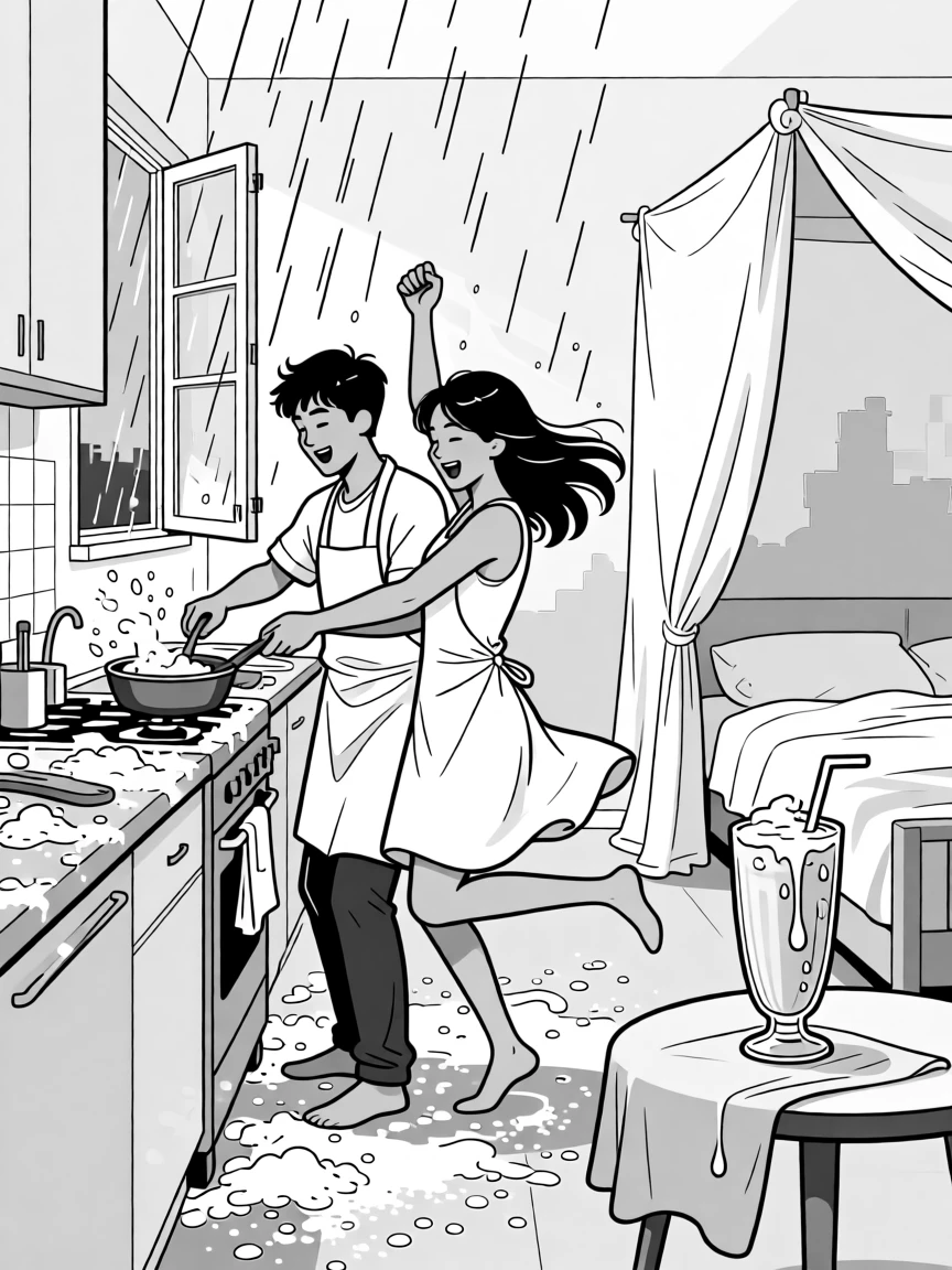 Two partners cooking together in a chaotic, flour-dusted kitchen, twirling each other under the pouring rain, set in a half-painted bedroom covered in drop cloths. The milkshake glass sweats condensation onto the table. The scene feels like a love story told through small moments.