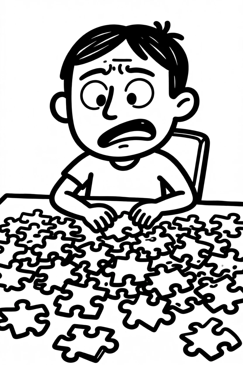 A person doing a puzzle at a table piled high with hundreds of scattered pieces.