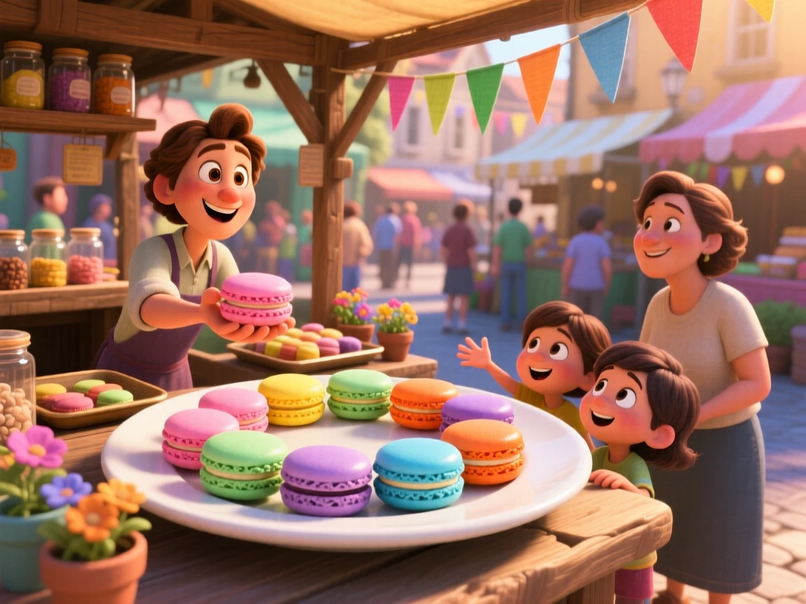 A rainbow of macarons arranged on a plate sits at a bustling street food market stall, with sunlight catching the glossy glaze. The mood is festive and appetizing.