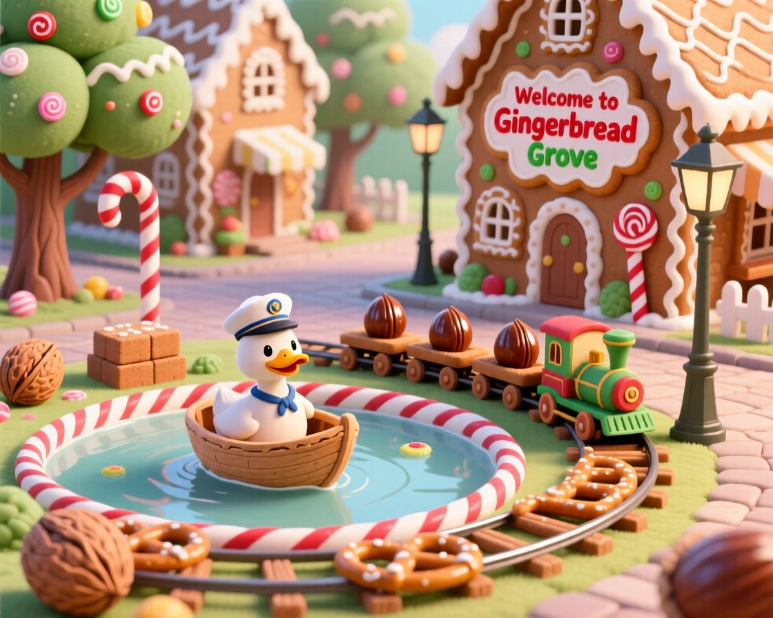 In a town square made entirely of gingerbread, a duck who sails a walnut-shell boat spends the day operating a tiny train that runs on acorns, with everything slightly too big or too small in a charming way.