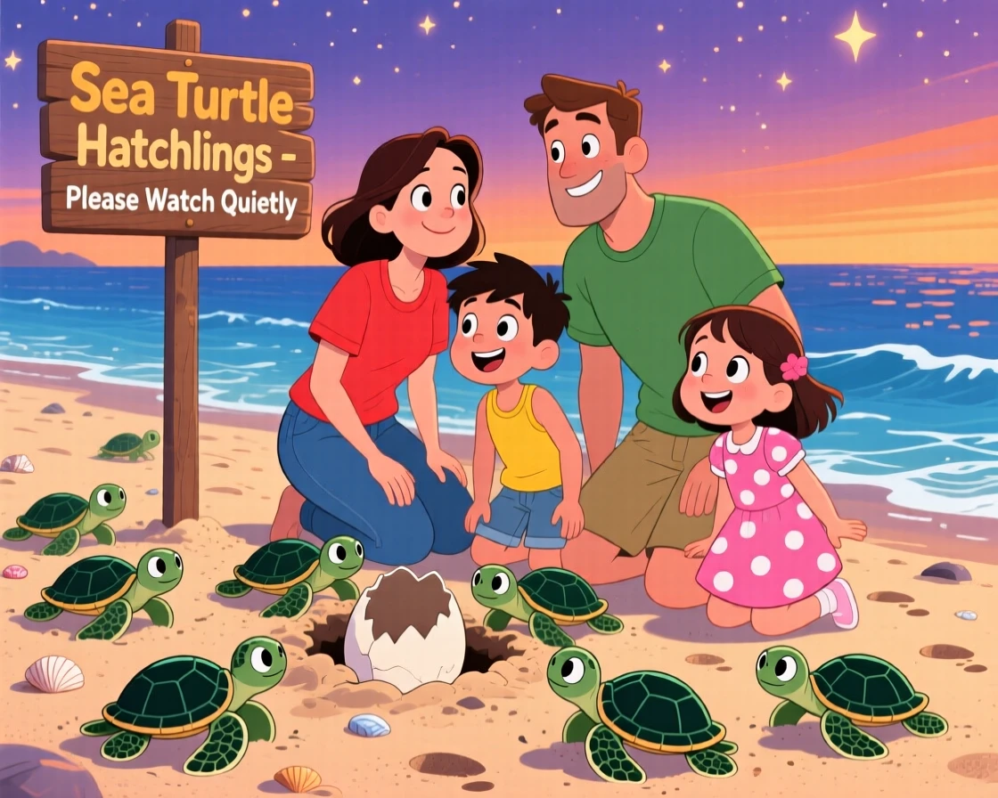 A family watching sea turtles hatch and crawl toward the ocean.