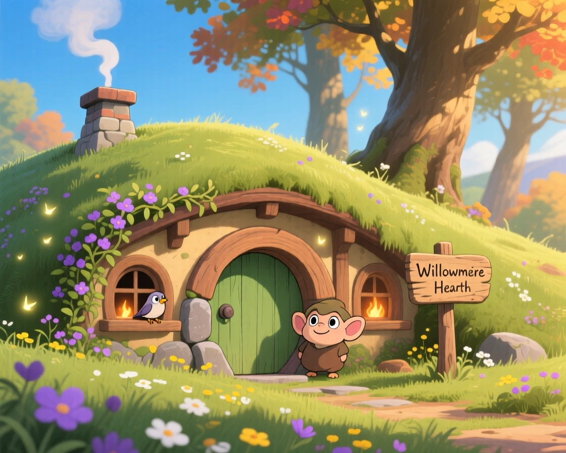 A charming view of a hobbit-like earthen home built into a grassy hillside, with smoke curling gently from its chimney.