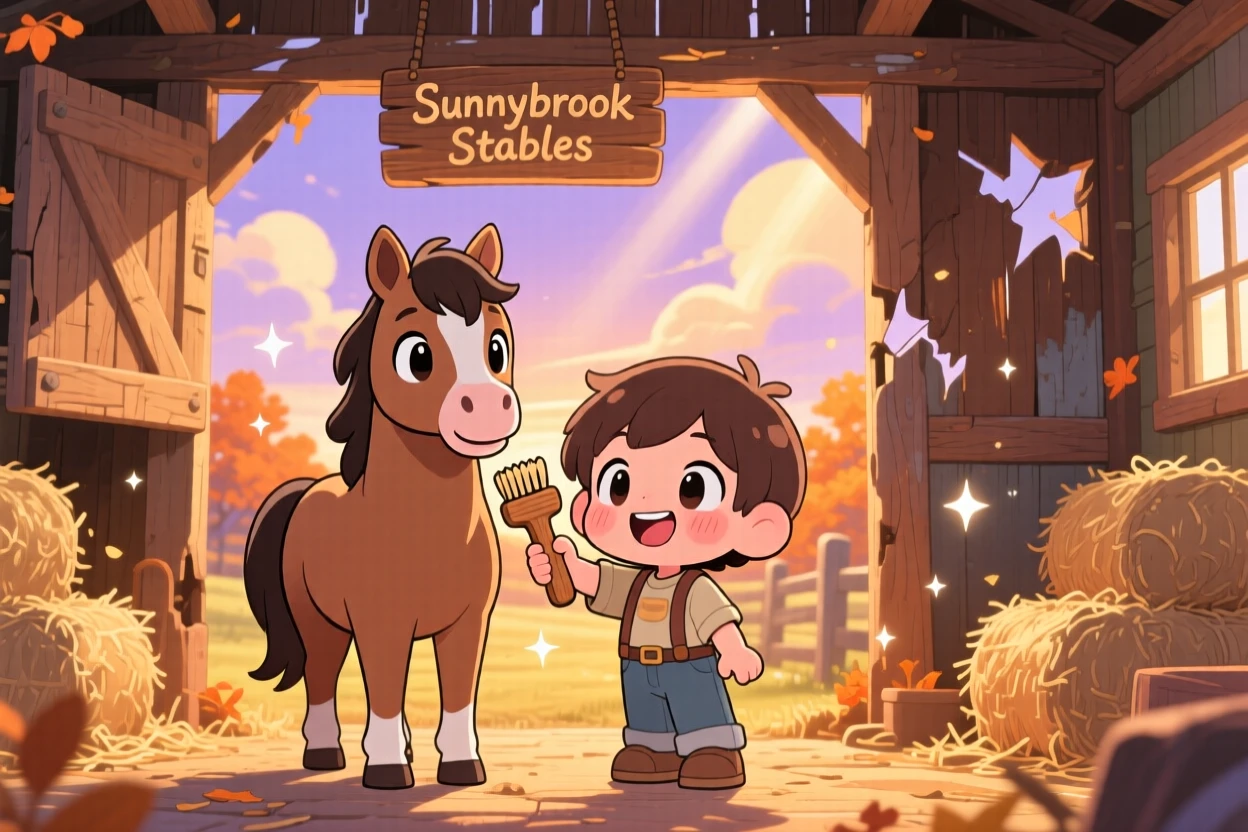 Symmetrical front-on view of a child and a horse, brushing its mane gently, in a rustic countryside stable, on a crisp autumn afternoon, illuminated by rays of sunrise breaking through clouds, radiating bubbly enthusiasm.