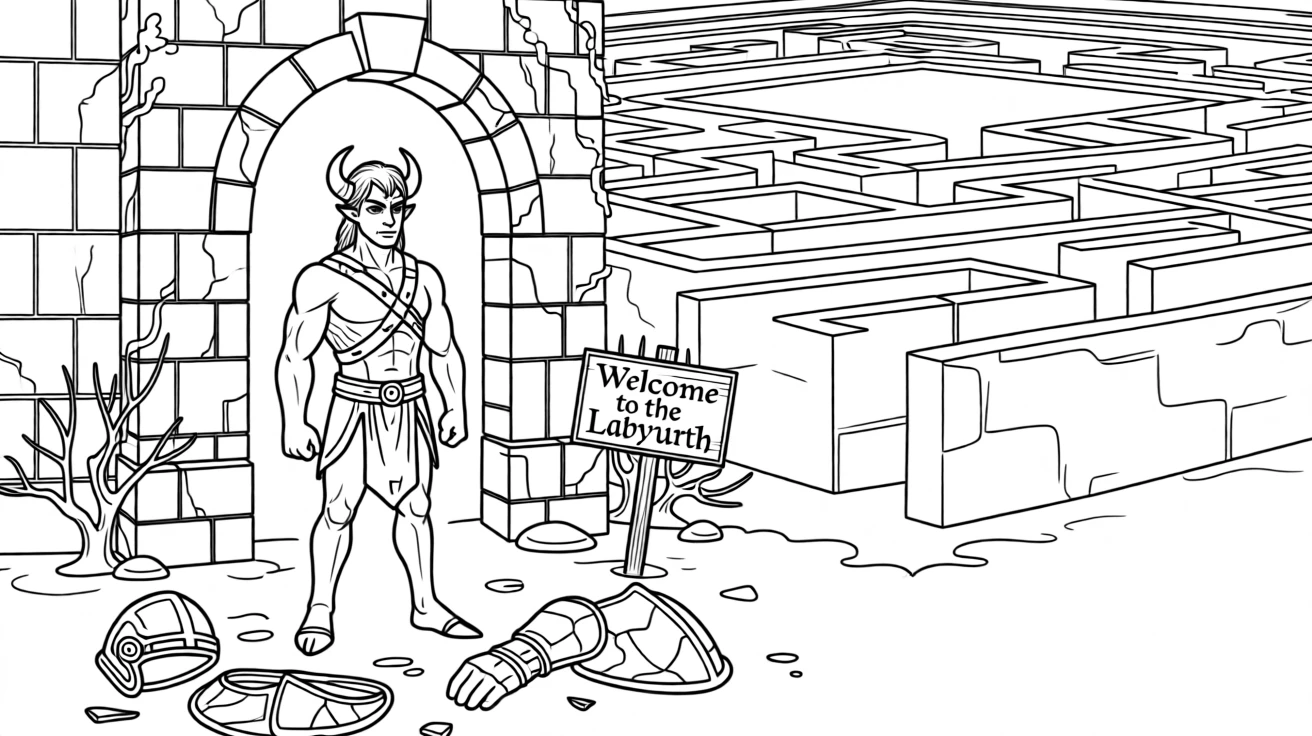 A minotaur standing at the entrance of a labyrinth, with shards of broken armor scattered nearby.