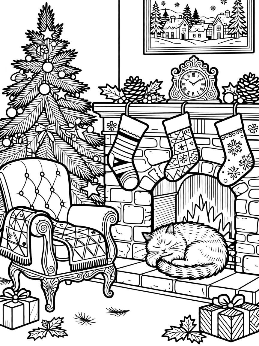 A winter fireplace stocking scene with a cat curled up nearby.
