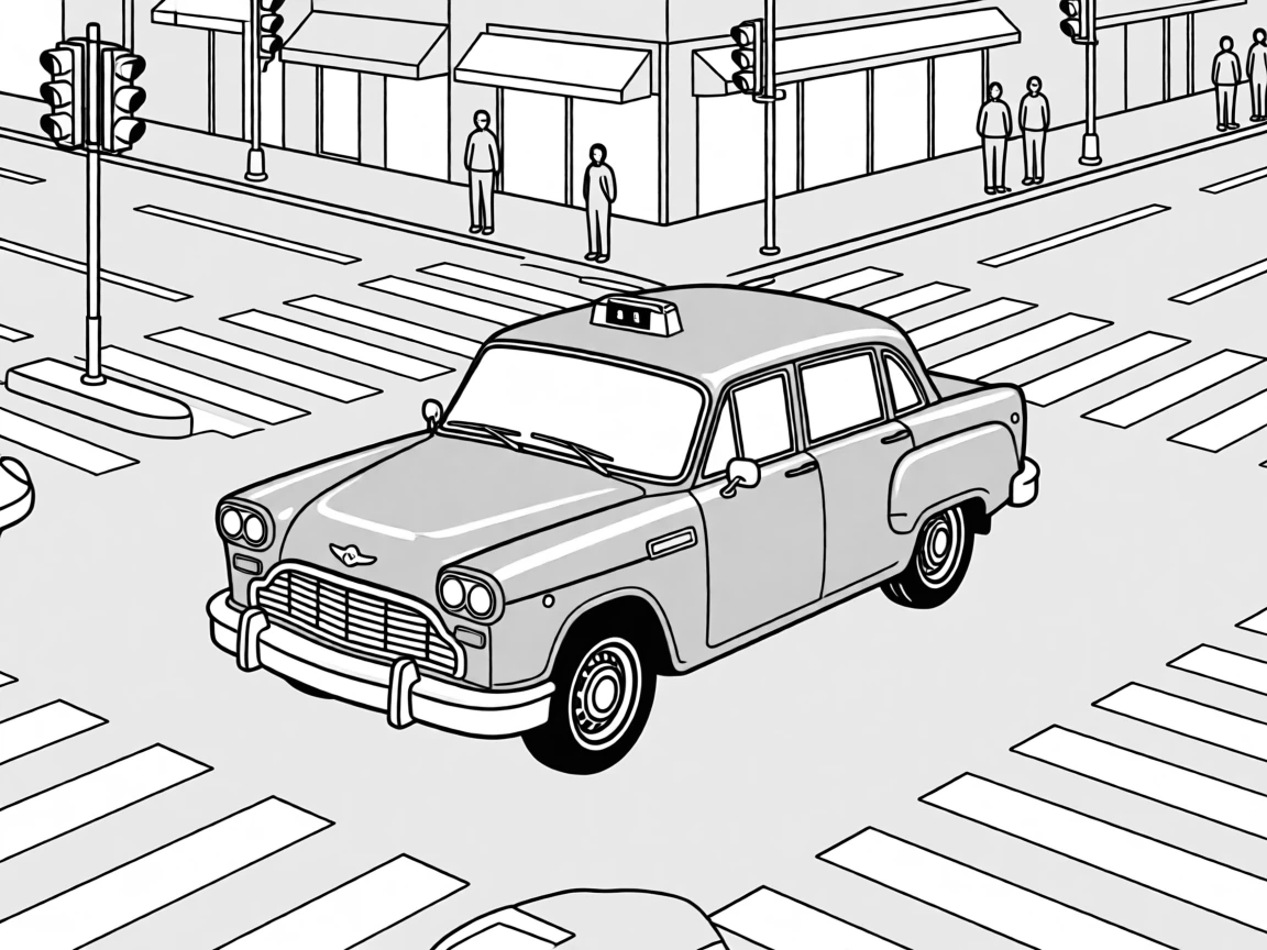 A classic yellow taxi navigating a busy city intersection