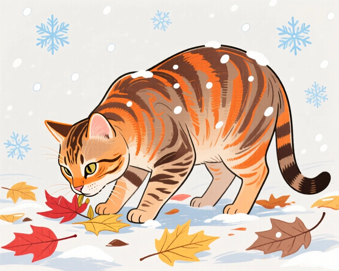 A tabby cat grazing among autumn leaves during a light snowfall.