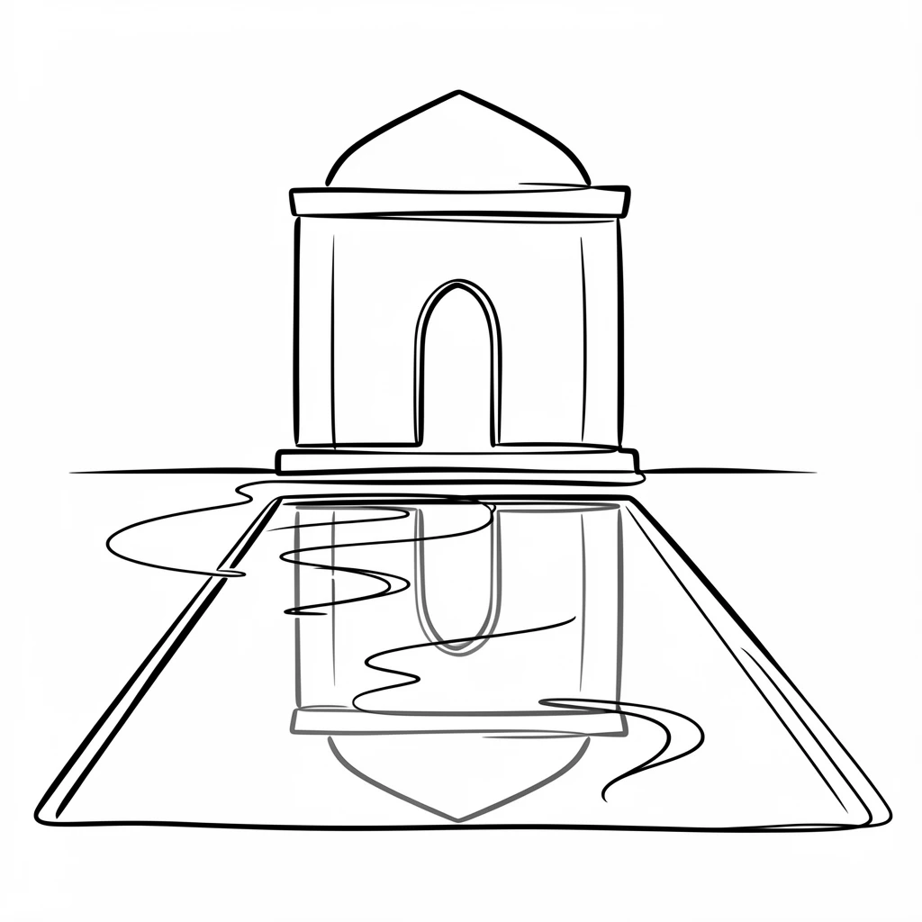 A grand marble mausoleum reflected in a long rectangular pool