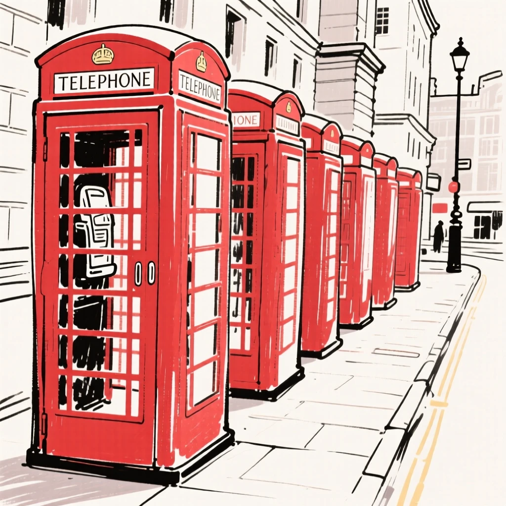 A row of iconic red telephone booths on a London street.
