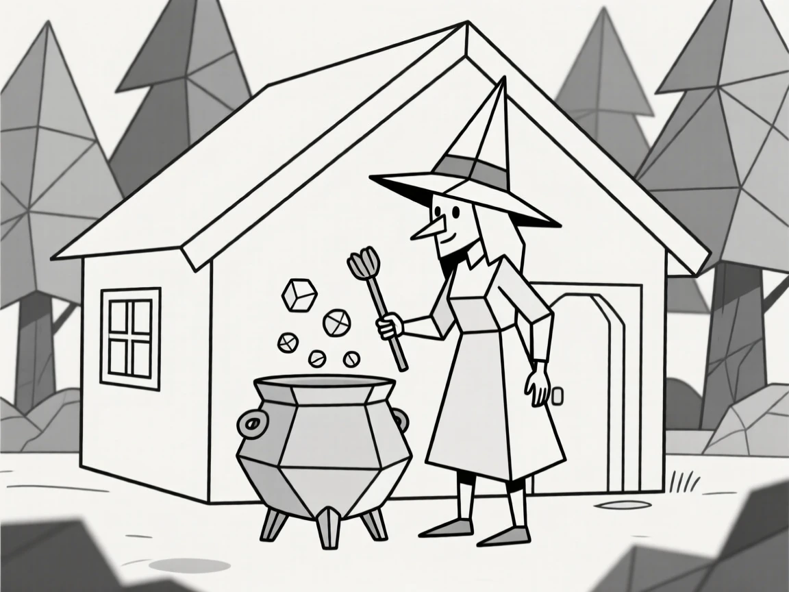 A witch stirring a bubbling cauldron in a forest hut