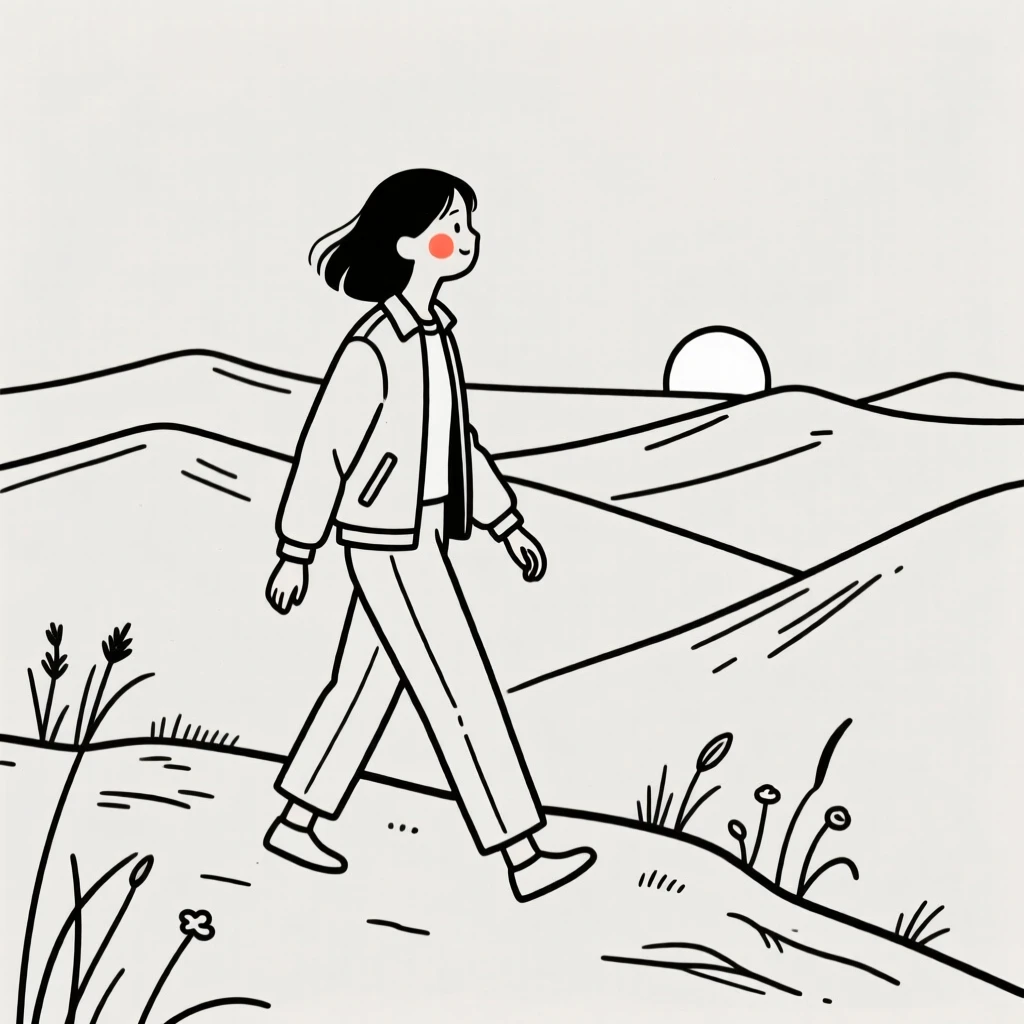 A young woman enjoying a peaceful morning walk, on a mountaintop overlook.