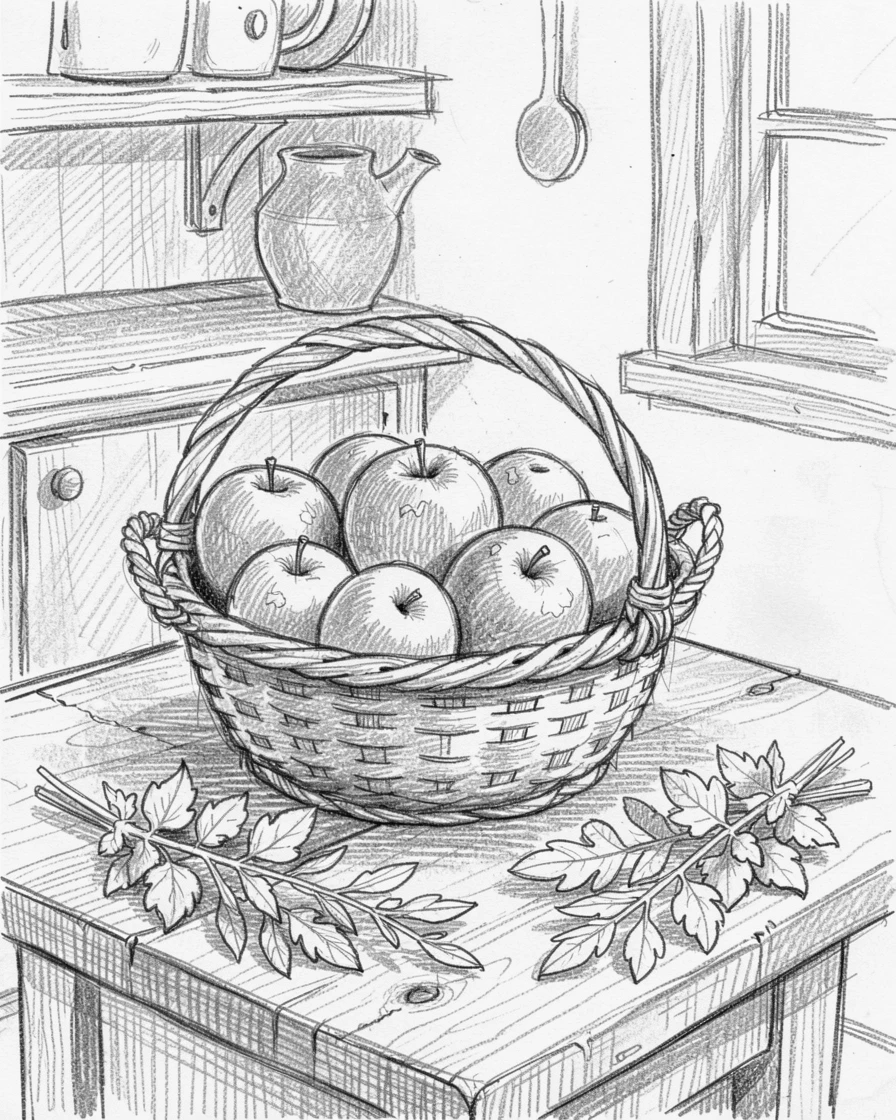 An appetizing still life of a basket of freshly picked apples in a cozy farmhouse kitchen, with fresh herbs scattered nearby.