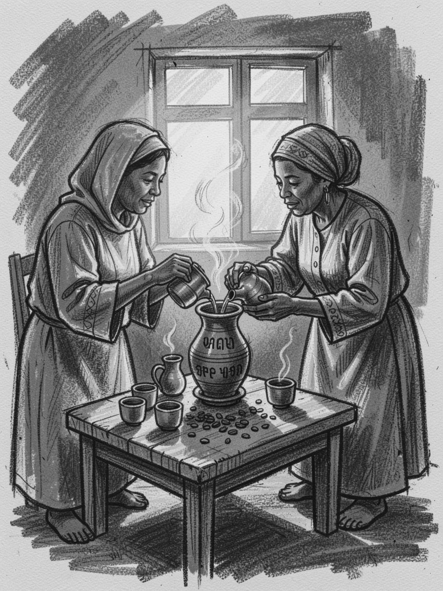 A traditional Ethiopian coffee ceremony, in the warm glow of early morning light.