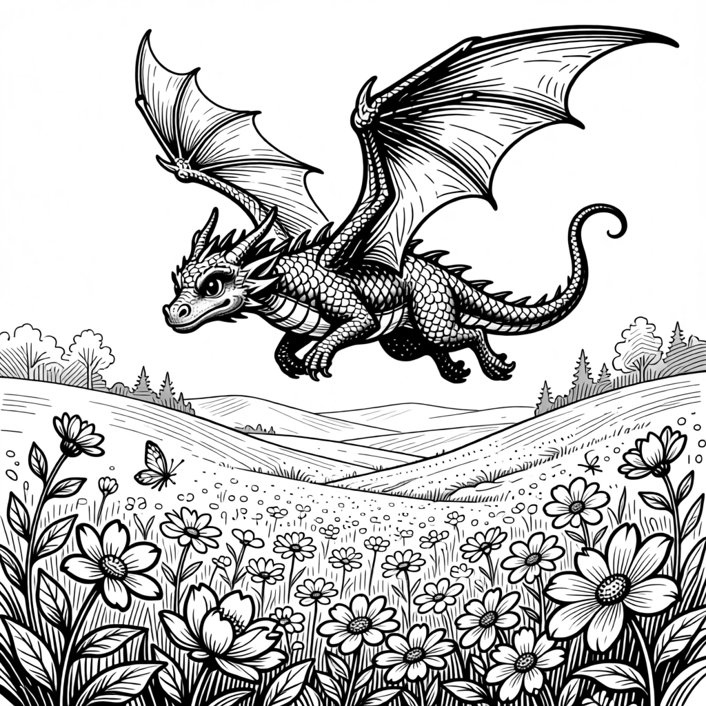 A young dragon learning to fly above a valley of blooming wildflowers.