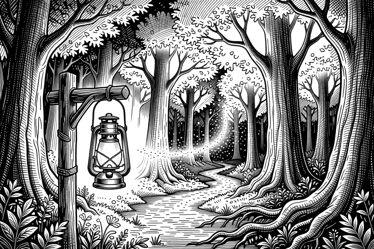 A lantern-lit path through an enchanted forest within a forest of towering luminous trees, with a trail of glimmering dust in the air, forming a mysterious and enchanting fantasy scene.