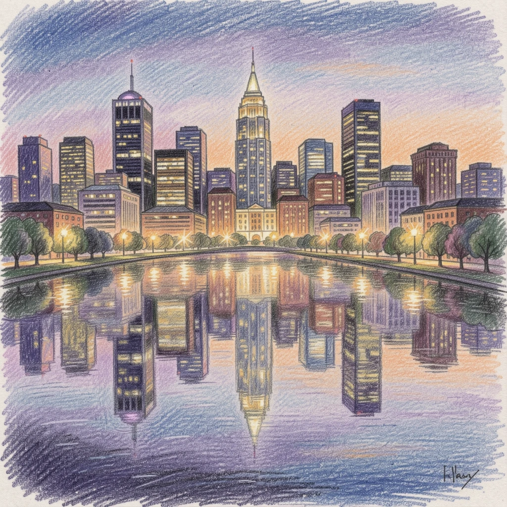 A city skyline glittering at night reflected in a calm river, set against a softly lit, atmospheric backdrop, radiating comfort, joy, and quiet beauty.