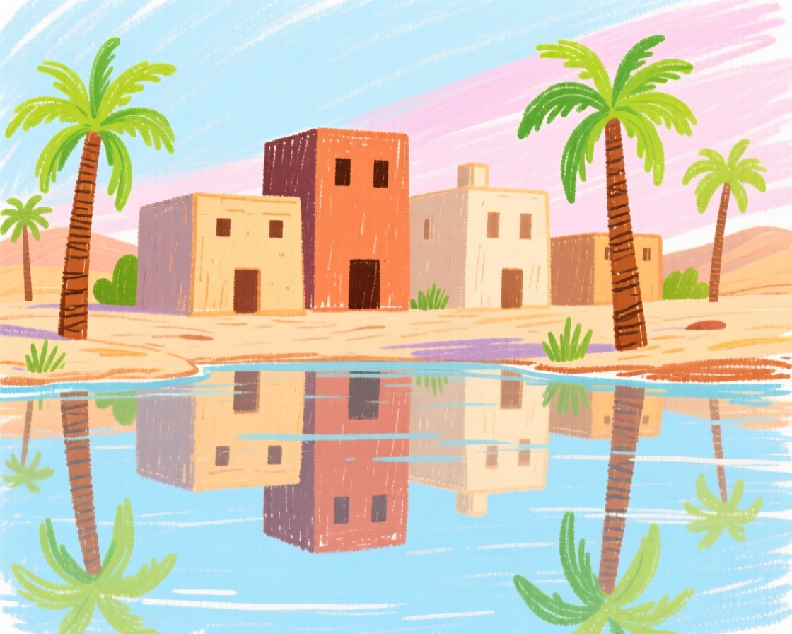 A view of a desert oasis town reflected perfectly in still morning water.