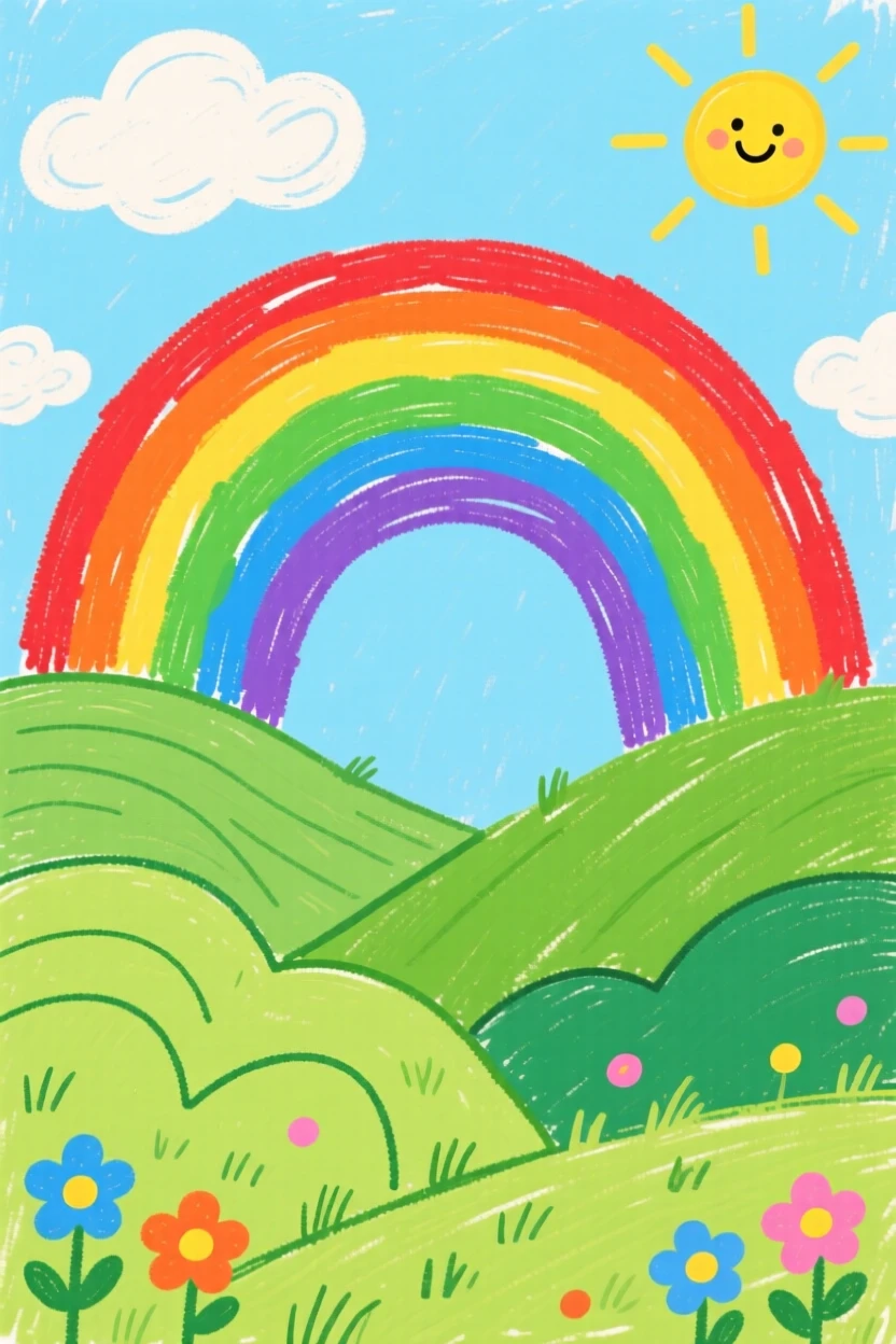 A rainbow arching over a lush valley.