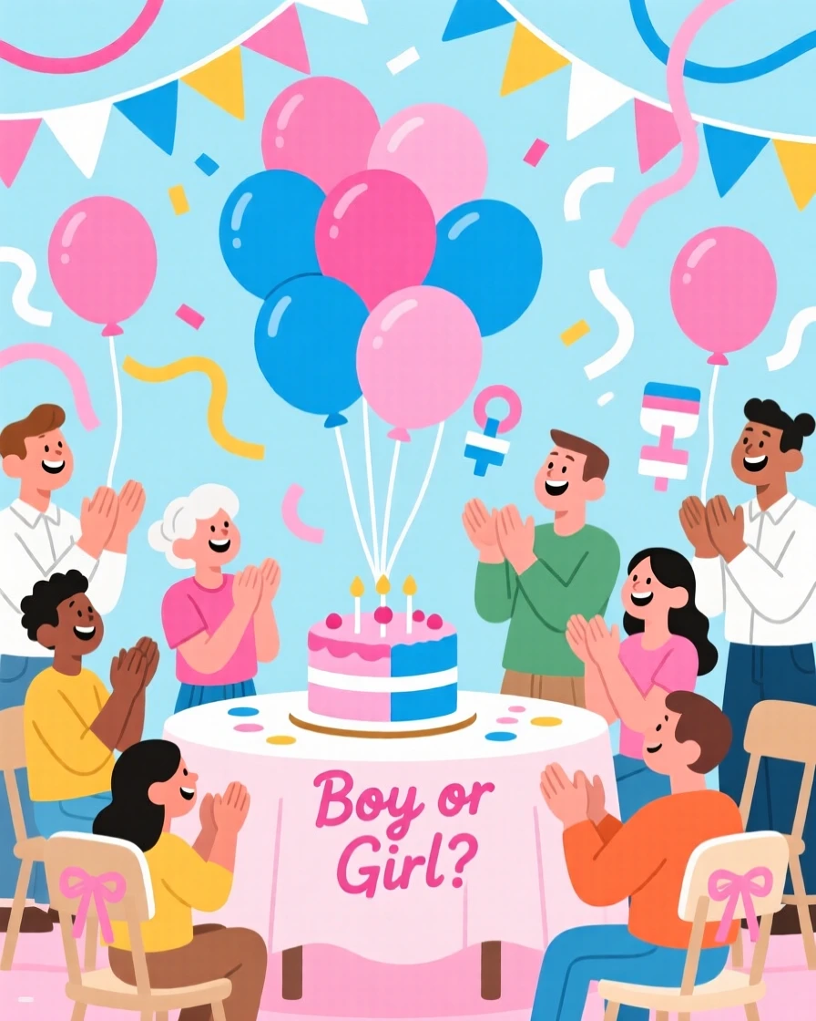 A cheerful gender reveal party with pink and blue balloons, set against a backdrop of colorful bunting and streamers, composed with a lively sense of togetherness and joy, with a joyful sense of togetherness and celebration.