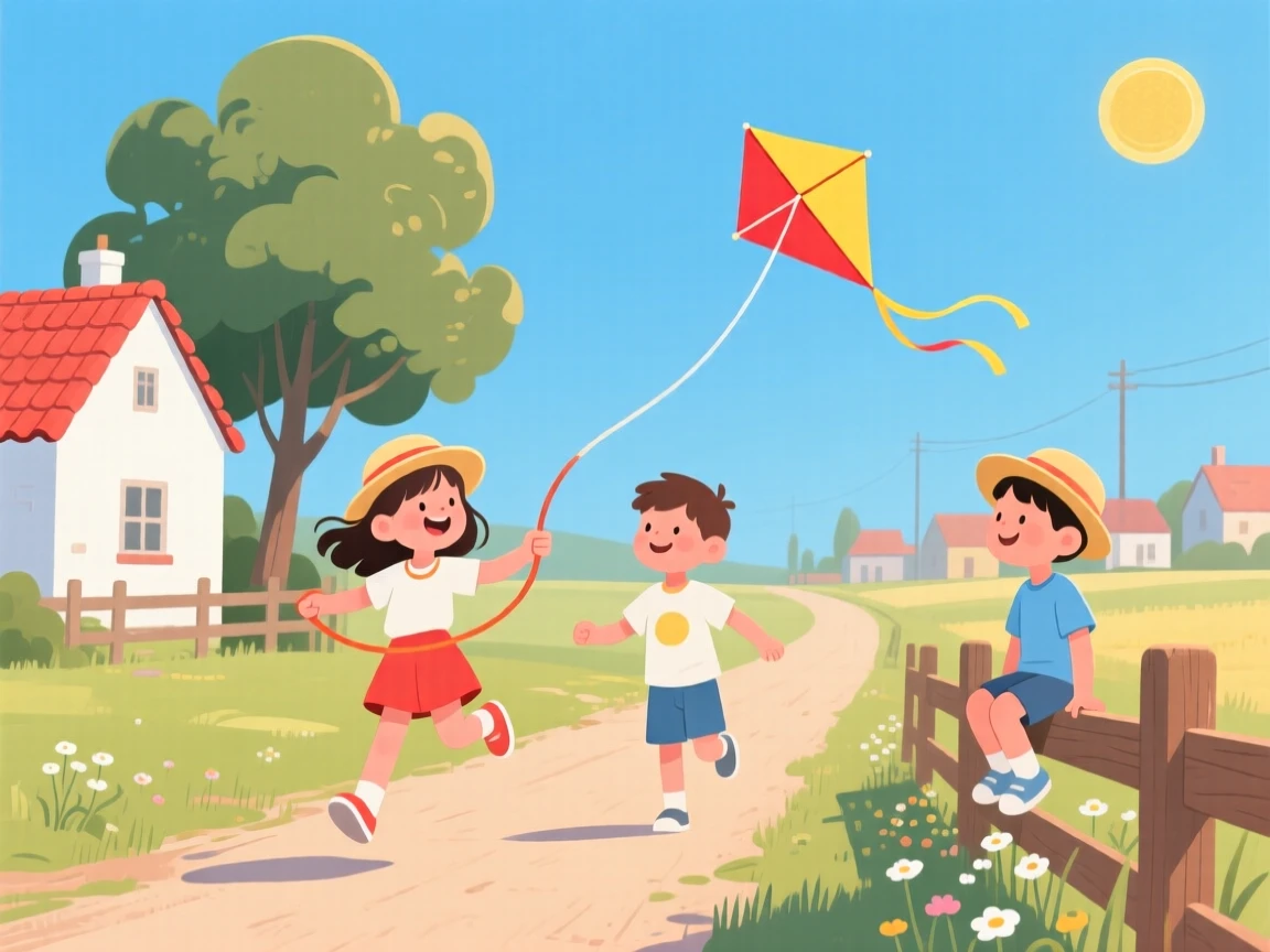 A summer scene of children playing in a small countryside town.
