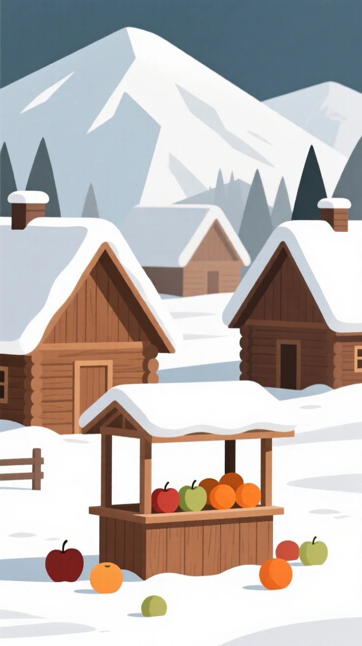 A mountain village, transformed by blanket of fresh snow, with a wooden fruit stand scattered throughout, captures quiet transformation.