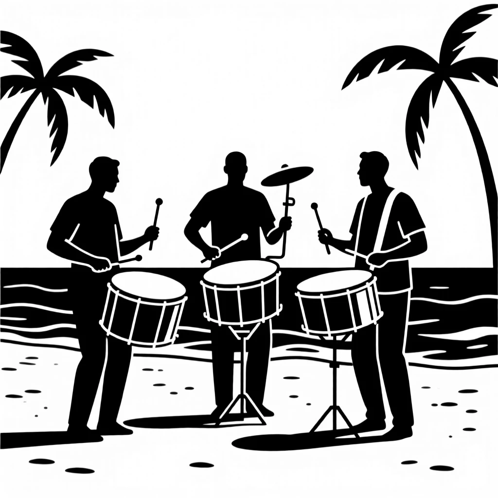 A steel drum band playing on a Caribbean beach.