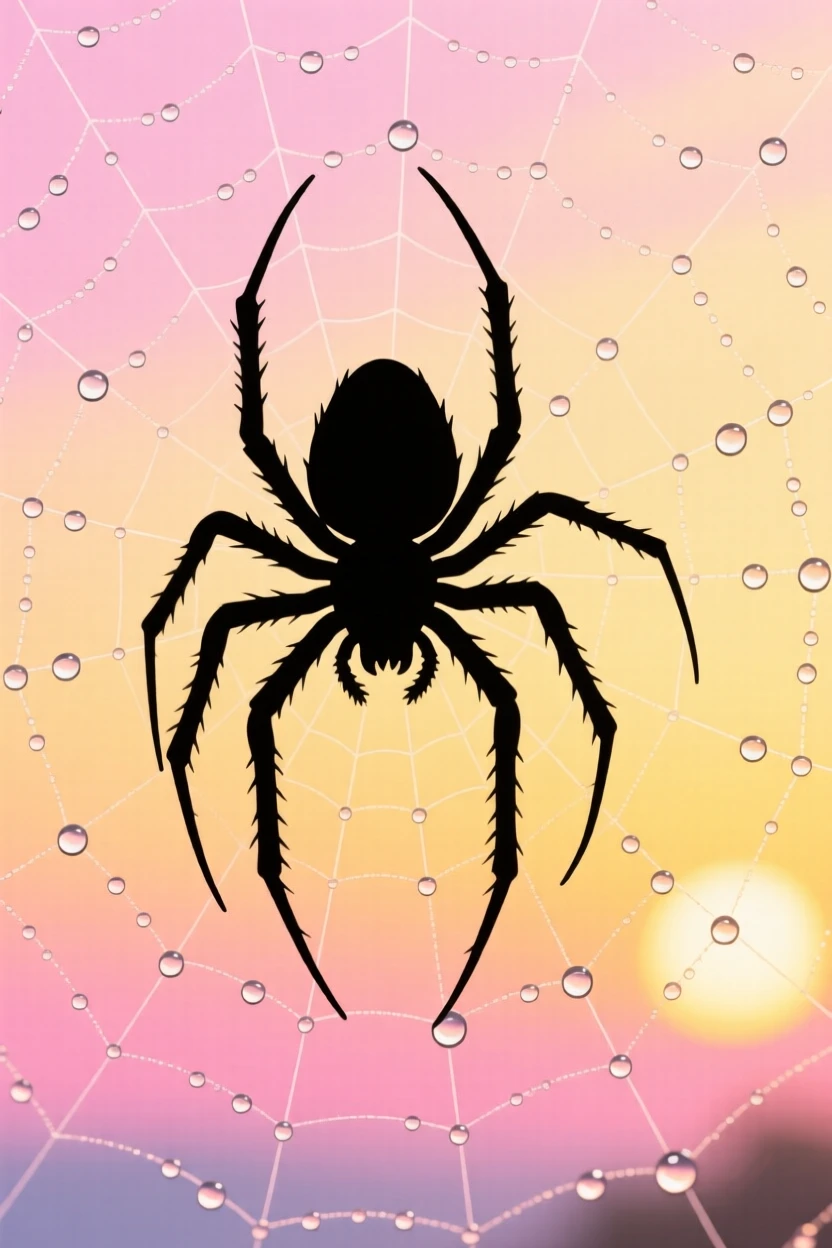 A single spider suspended in the center of a dew-covered web.
