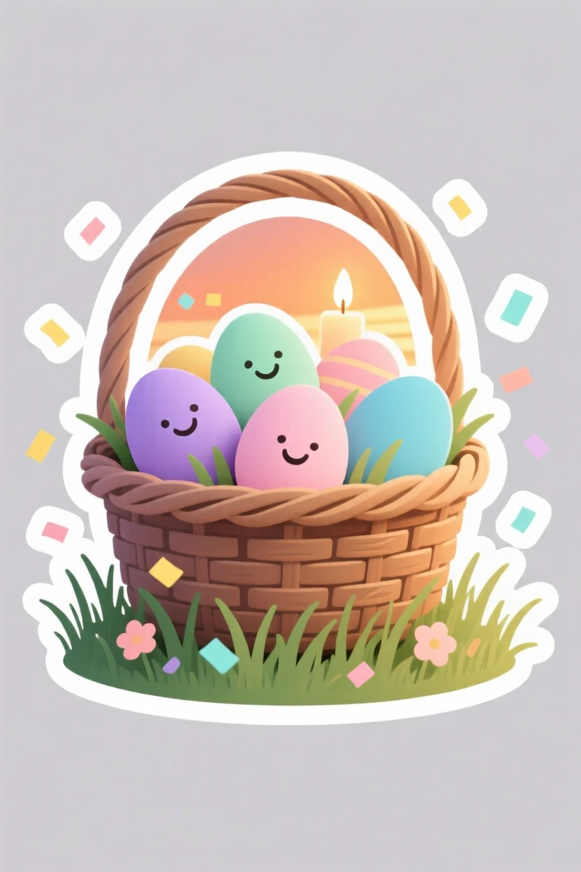 A spirited and joyful basket of pastel Easter eggs in spring grass, surrounded by falling confetti, on a cozy holiday evening at home.