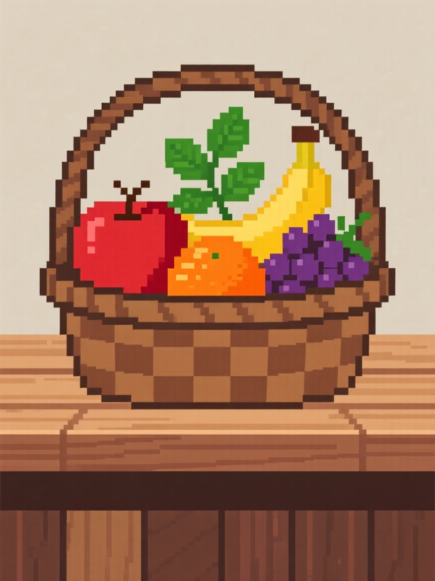 A basket of ripe fruit decorated with a sprig of mint, on a farmhouse countertop.
