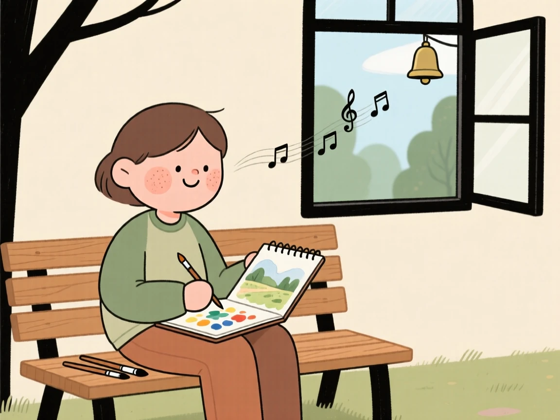A quiet reader sits on a park bench practicing a watercolor landscape, fully absorbed as distant church bells drifts through the open window.