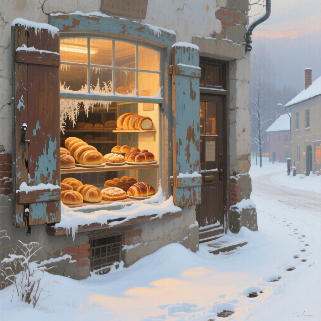 An expansive vista of a rustic bakery window filled with golden loaves and pastries, under a fresh blanket of winter snow.