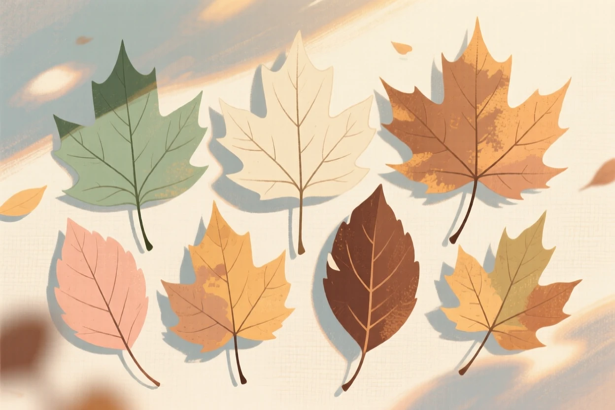 A collection of pressed autumn leaves arranged by color